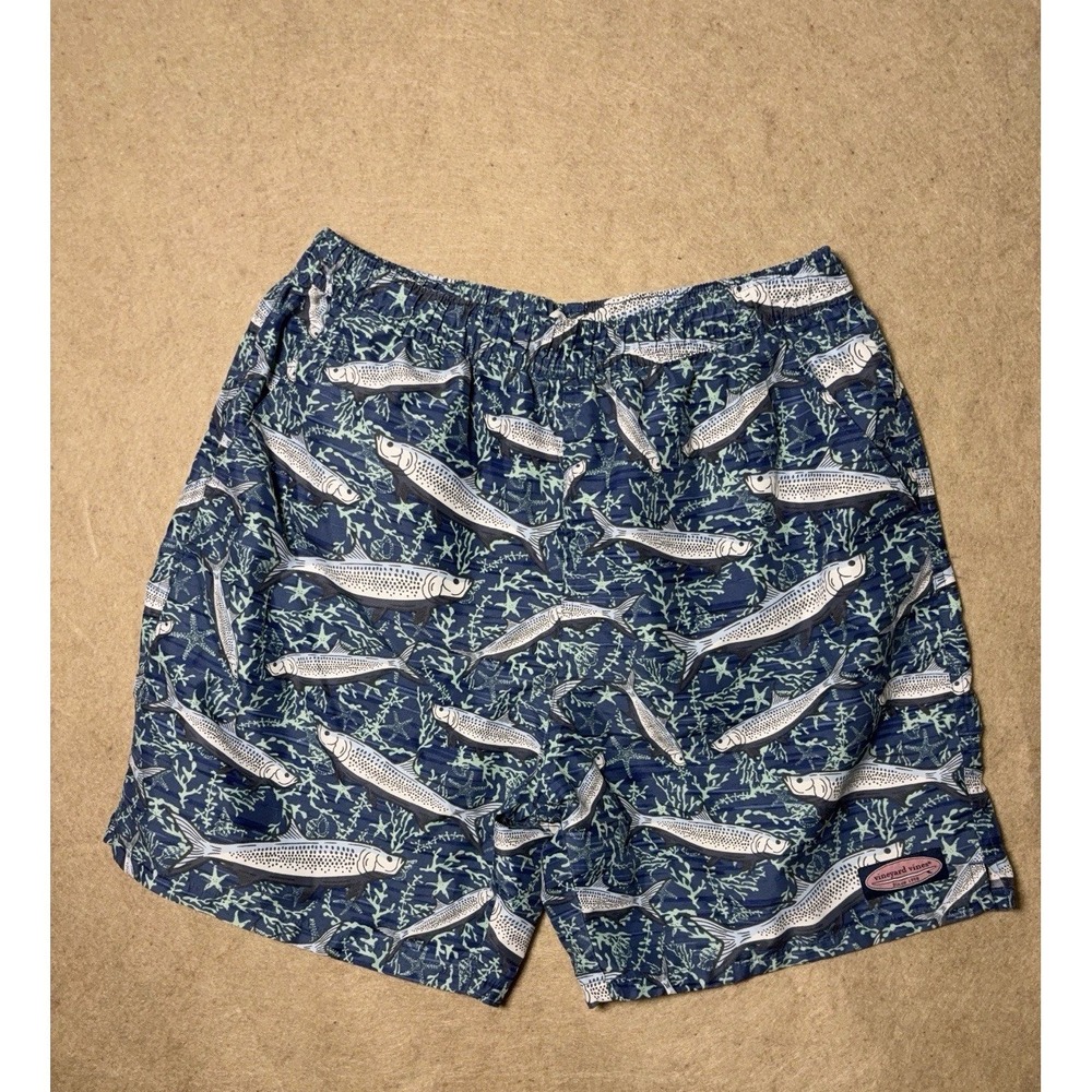 Vineyard Vines Swim Trunks Men Sz M Blue Fish Lined Pockets 7" Inseam